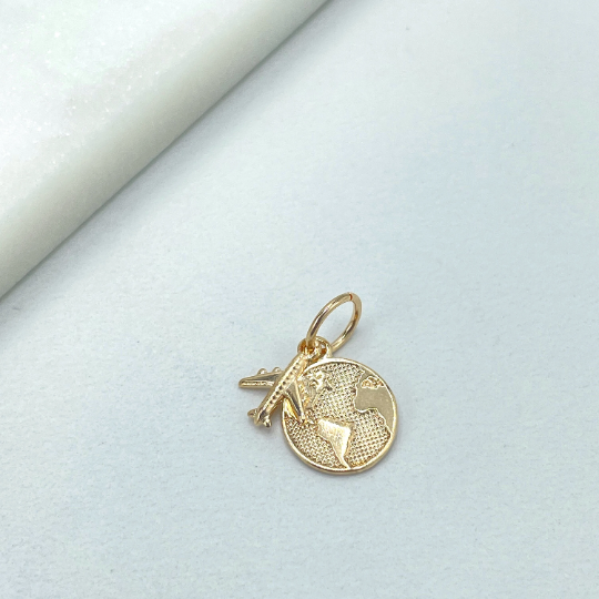 18k Gold Filled Airplane Aeroplan & Earth Globe Dangle Charm, Traveler Charm