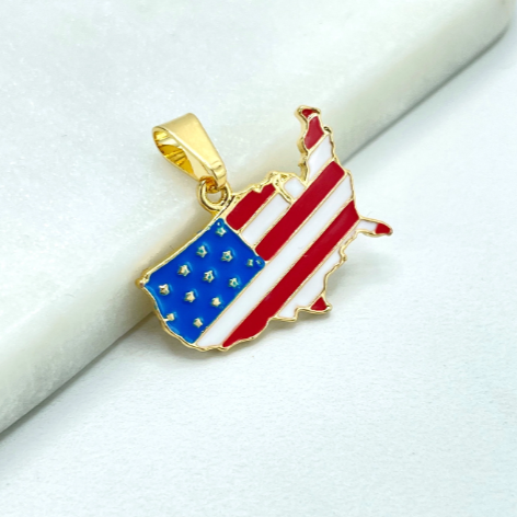 18k Gold Filled Enamel USA Flag Map Shape Charm, USA American Territory Pendant
