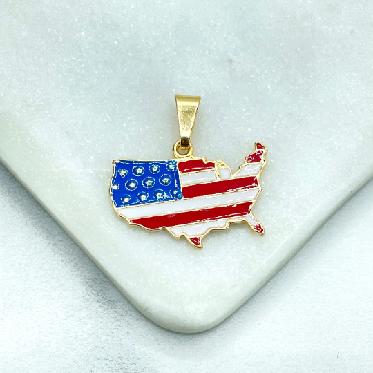 18k Gold Filled Enamel USA Flag Map Shape Charm, USA American Territory Pendant