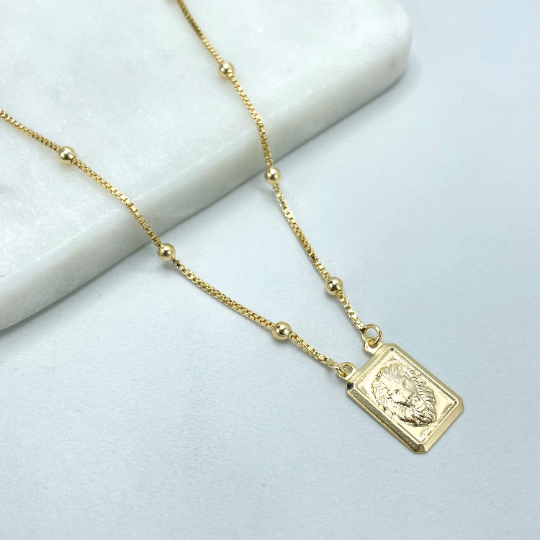 18k Gold Filled Satellite Chain & Rectangular Medal Puffed Lion Head Charm Necklace
