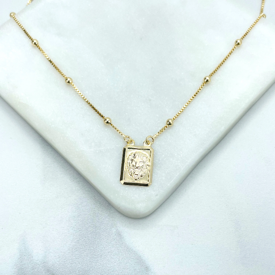 18k Gold Filled Satellite Chain & Rectangular Medal Puffed Lion Head Charm Necklace