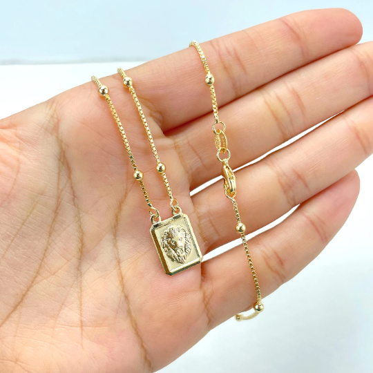 18k Gold Filled Satellite Chain & Rectangular Medal Puffed Lion Head Charm Necklace
