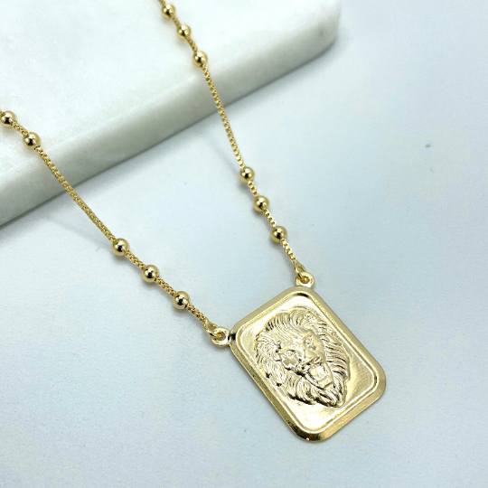 18k Gold Filled Box Chain & Gold Beads & Rectangular Medal & Lion Head Charm Necklace
