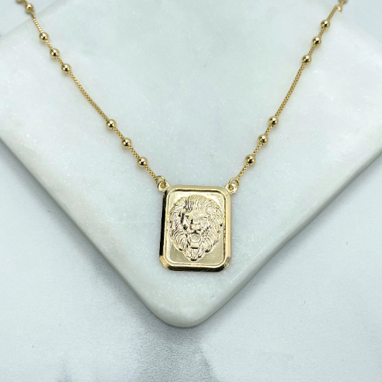 18k Gold Filled Box Chain & Gold Beads & Rectangular Medal & Lion Head Charm Necklace