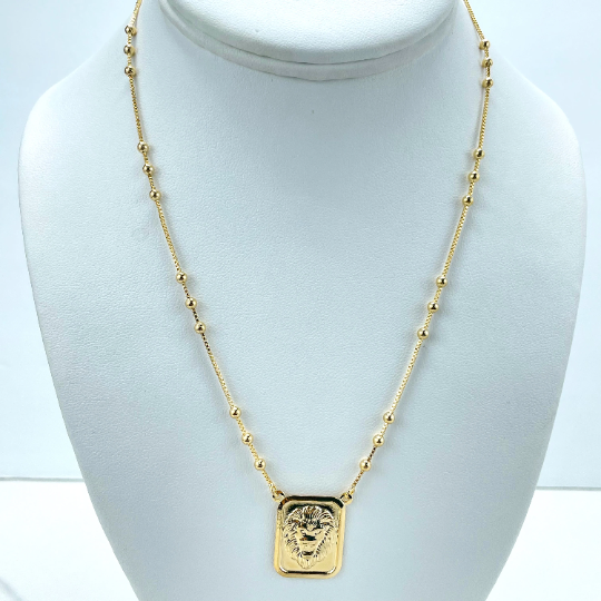 18k Gold Filled Box Chain & Gold Beads & Rectangular Medal & Lion Head Charm Necklace