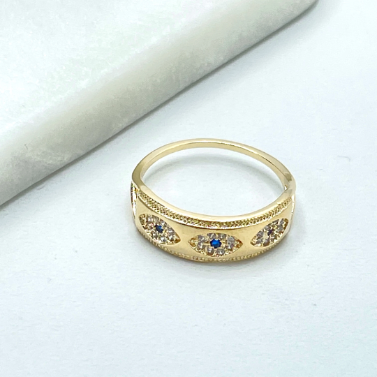 18k Gold Filled Micro CZ and Blue Evil Eye Cubic Zirconia Shape Cutout Sides Ring