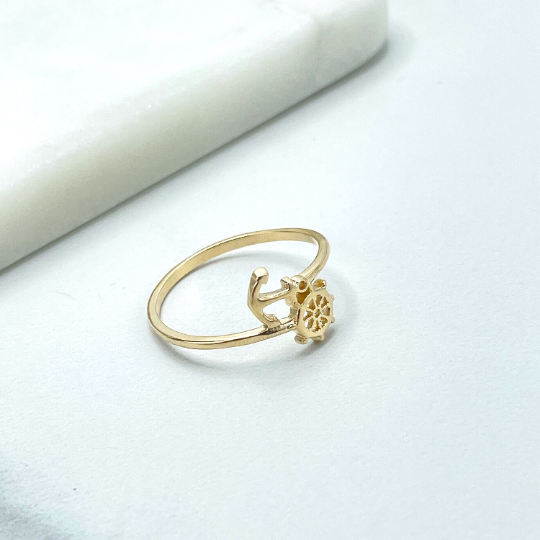 18K Gold Filled 1mm Band Sea Anchor & Wheel Boat Ring, Nautical Ring
