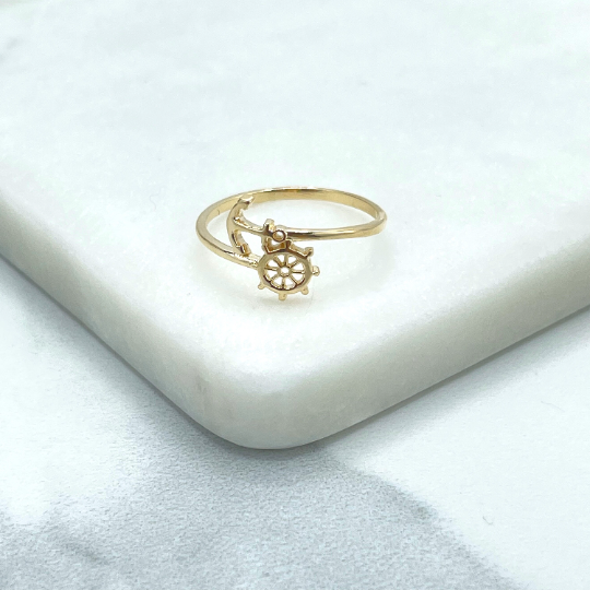 18K Gold Filled 1mm Band Sea Anchor & Wheel Boat Ring, Nautical Ring