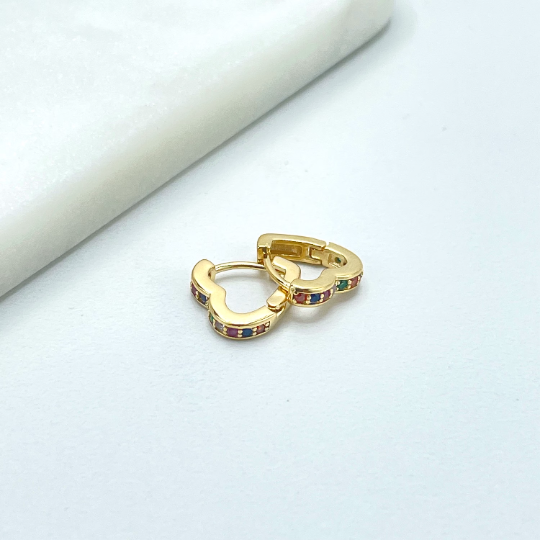 18k Gold Filled Colorful Micro Cubic Zirconia Heart Huggie Shape Earrings