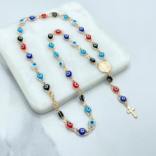 18k Gold Filled Colorful Evil Eyes Linked Rosary, Saint Benedict, San Benito Charm