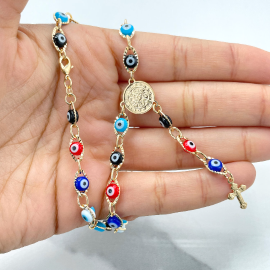 18k Gold Filled Colorful Evil Eyes Linked Rosary, Saint Benedict, San Benito Charm