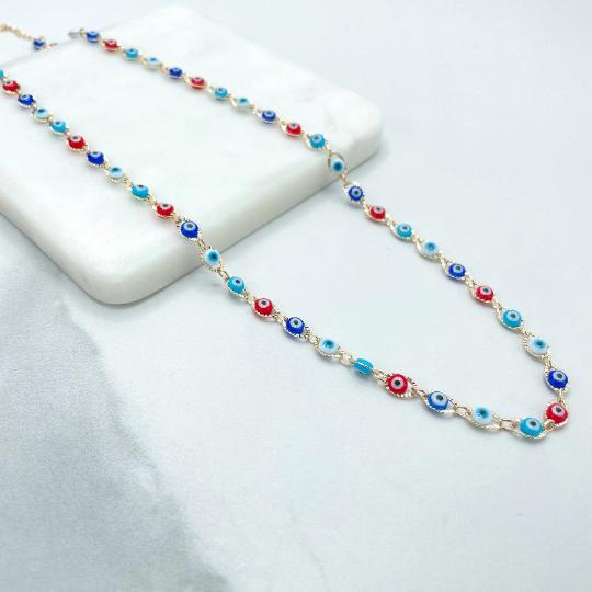 18k Gold Filled Colored, Colorful, Multicolor, Evil Eye Shape Linked Necklace
