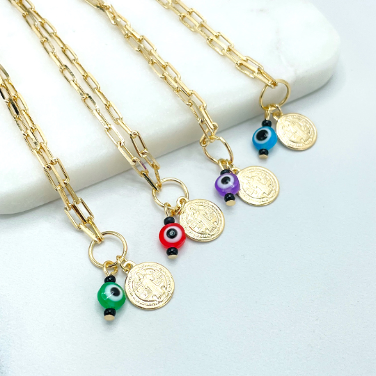 18k Gold Filled Paperclip Chain, Multicolor Evil Eye & Saint Benedict, San Benito Charm Anklet