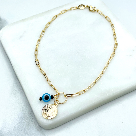 18k Gold Filled Paperclip Chain, Multicolor Evil Eye & Saint Benedict, San Benito Charm Anklet