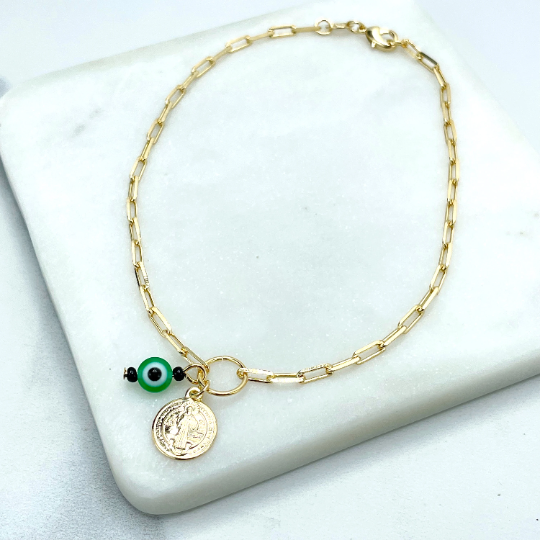 18k Gold Filled Paperclip Chain, Multicolor Evil Eye & Saint Benedict, San Benito Charm Anklet