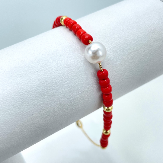 18k Gold Filled Red Beads, Gold Beads & Simulated Pearl Beaded Bracelet