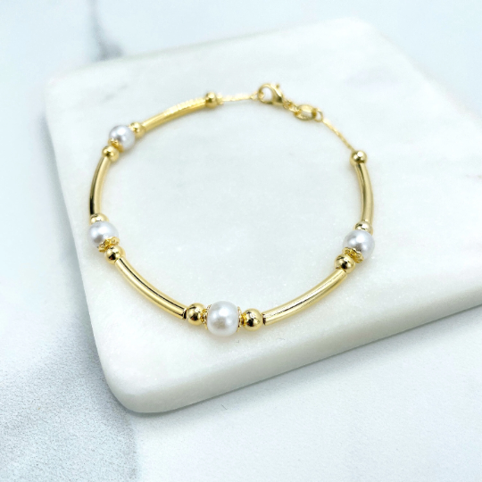 18k Gold Filled Simulated Pearls, Gold Beads & Gold Tubular Linked Bracelet