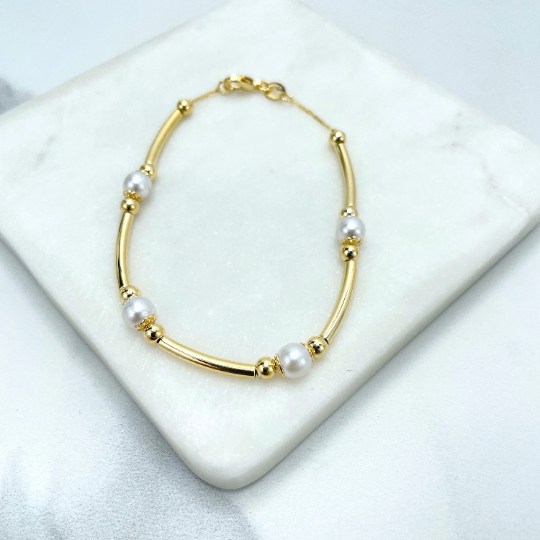 18k Gold Filled Simulated Pearls, Gold Beads & Gold Tubular Linked Bracelet
