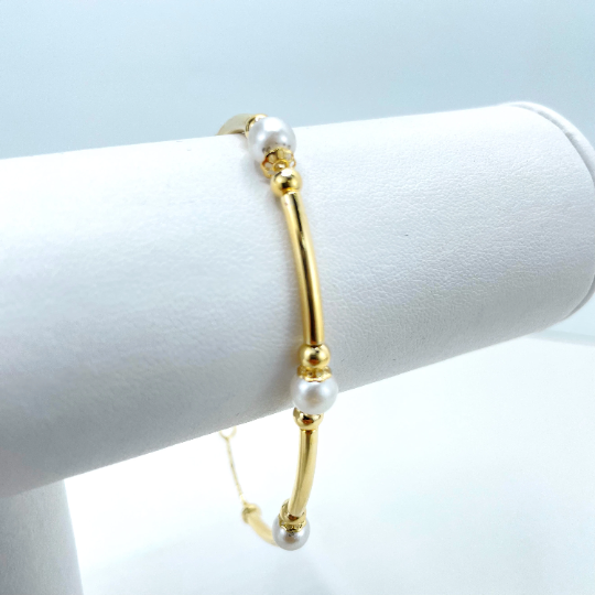 18k Gold Filled Simulated Pearls, Gold Beads & Gold Tubular Linked Bracelet