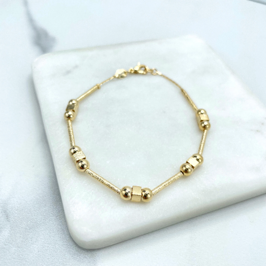 18k Gold Filled Gold Beads, Gold Squares & Gold Tubular Linked Bracelet