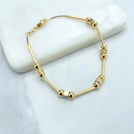 18k Gold Filled Gold Beads, Gold Squares & Gold Tubular Linked Bracelet