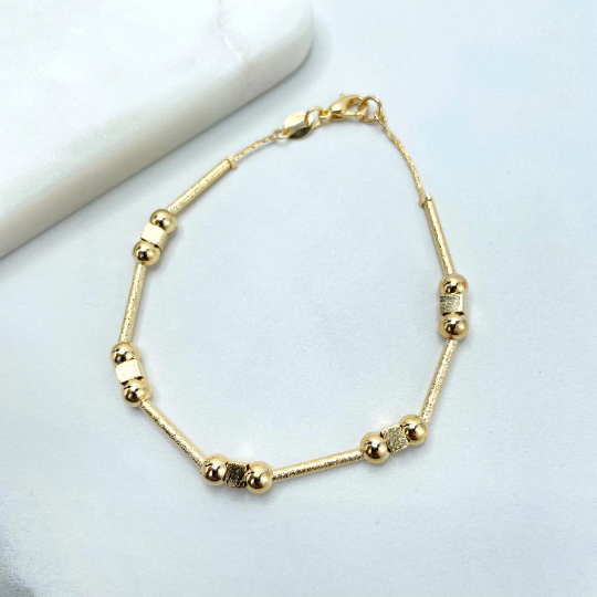 18k Gold Filled Gold Beads, Gold Squares & Gold Tubular Linked Bracelet