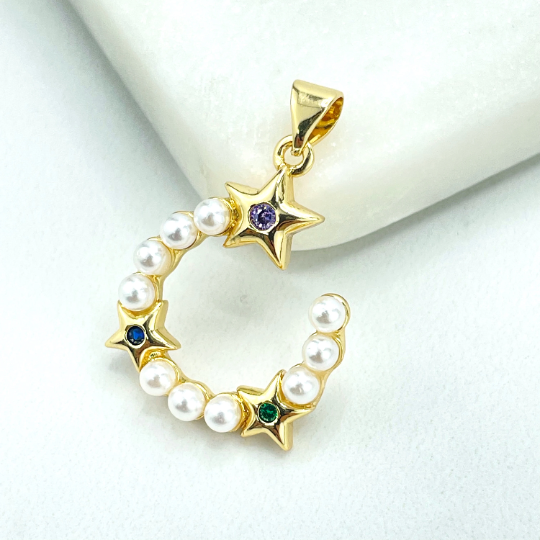 18k Gold Filled Pearl C Shape & Stars Charm, with Purple, Blue and Green CZ