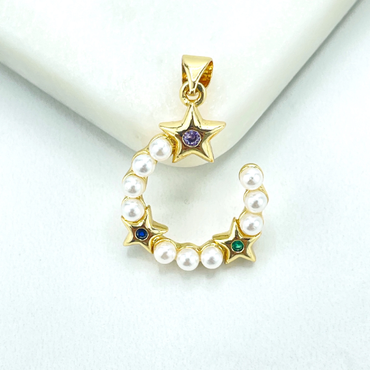 18k Gold Filled Pearl C Shape & Stars Charm, with Purple, Blue and Green CZ
