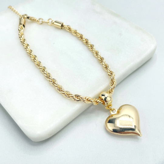 18k Gold Filled 4mm Rope Chain Bracelet with Extender and Puffed 3D Dangle Heart Shape Charm