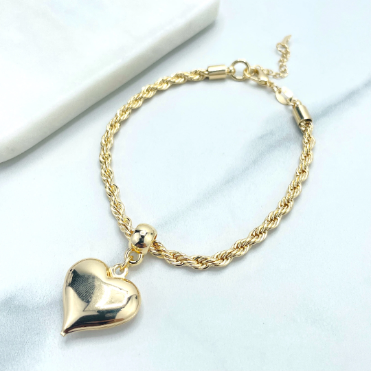 18k Gold Filled 4mm Rope Chain Bracelet with Extender and Puffed 3D Dangle Heart Shape Charm