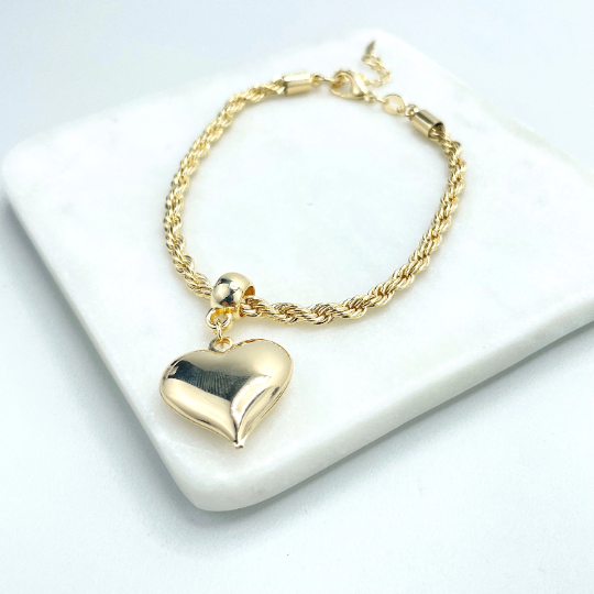 18k Gold Filled 4mm Rope Chain Bracelet with Extender and Puffed 3D Dangle Heart Shape Charm