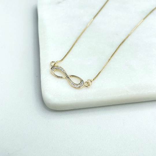 18k Gold Filled 1mm Box Chain with Infinity Symbol Charm on Front, CZ Details Necklace