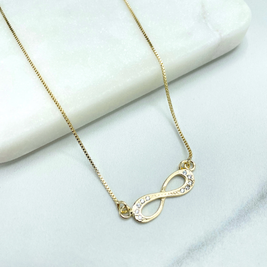 18k Gold Filled 1mm Box Chain with Infinity Symbol Charm on Front, CZ Details Necklace
