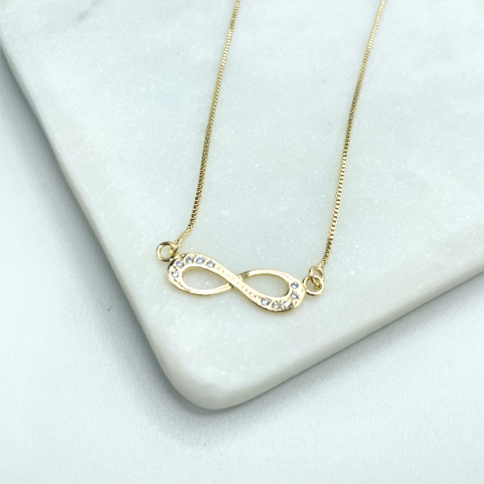 18k Gold Filled 1mm Box Chain with Infinity Symbol Charm on Front, CZ Details Necklace