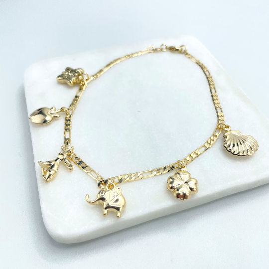 18k Gold Filled Figaro Chain with Butterfly, Bunny, Apple, Elephant, Clover