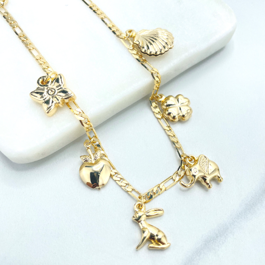 18k Gold Filled Figaro Chain with Butterfly, Bunny, Apple, Elephant, Clover
