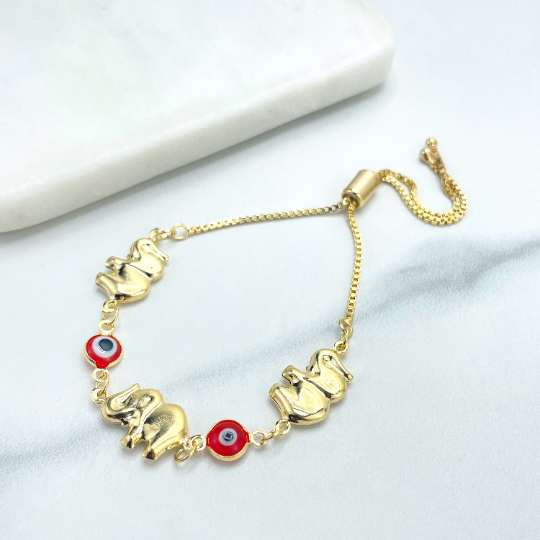 18k Gold Filled 1mm Box Chain with Red Evil Eyes & Puffed Elephants Adjustable Bracelet