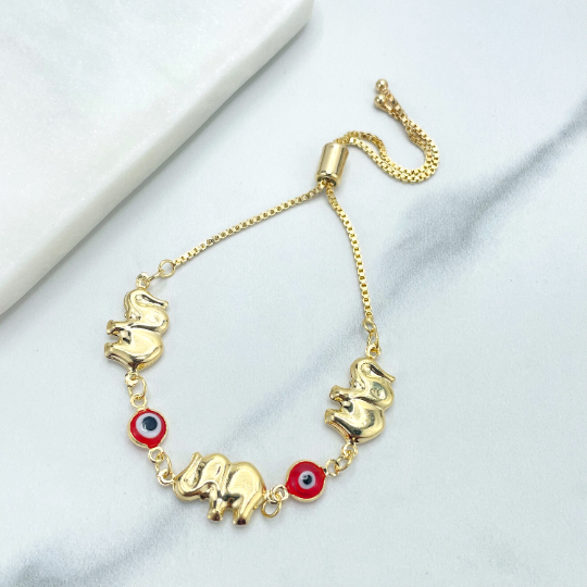 18k Gold Filled 1mm Box Chain with Red Evil Eyes & Puffed Elephants Adjustable Bracelet