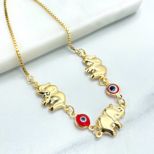 18k Gold Filled 1mm Box Chain with Red Evil Eyes & Puffed Elephants Adjustable Bracelet