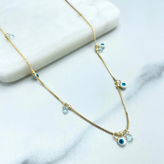 18k Gold Filled 1mm Box Chain with Dangle Evil Eyes and Simulated Diamonds Necklace