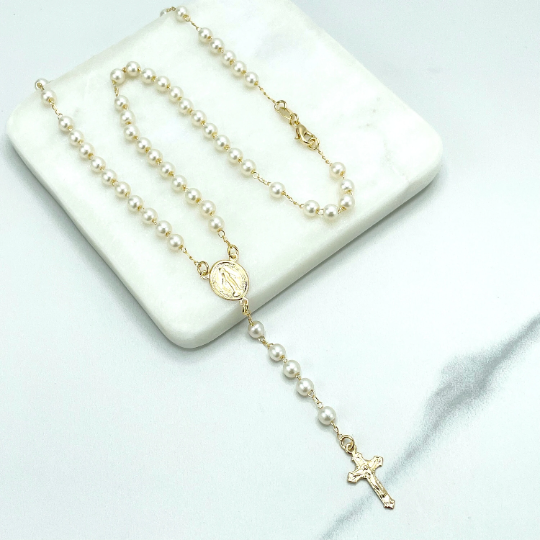 18k Gold Filled 5mm Pearls La Milagrosa, Miraculous Virgin Rosary Necklace