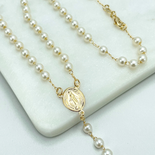 18k Gold Filled 5mm Pearls La Milagrosa, Miraculous Virgin Rosary Necklace
