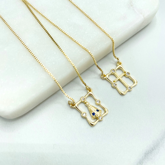 18k Gold Filled 1mm Box Chain with Our Lady of Aparecida and Cross, Double Sided Scapular