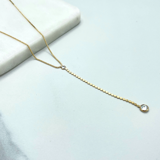 18k Gold Filled Box Chain with Clear Cubic Zirconia Detail and Long Drop Necklace