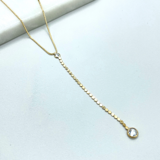 18k Gold Filled Box Chain with Clear Cubic Zirconia Detail and Long Drop Necklace