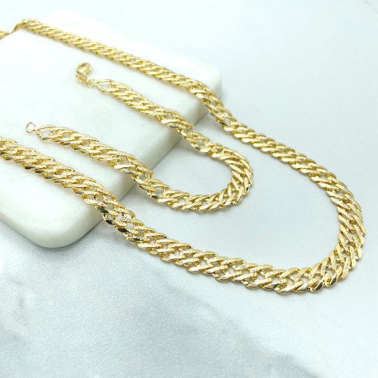 18k Gold Filled 8mm Double Layered Cuban Link Chain Flat with Diamond Cut Necklace or Bracelet