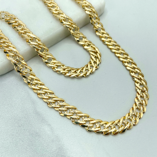 18k Gold Filled 8mm Double Layered Cuban Link Chain Flat with Diamond Cut Necklace or Bracelet