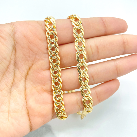 18k Gold Filled 8mm Double Layered Cuban Link Chain Flat with Diamond Cut Necklace or Bracelet