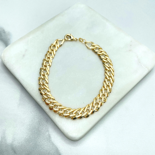 18k Gold Filled 8mm Double Layered Cuban Link Chain Flat with Diamond Cut Necklace or Bracelet
