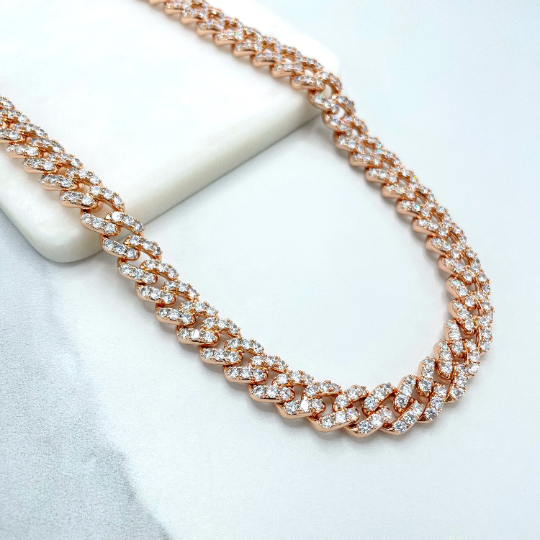 14K Rose Gold Filled 11mm Iced Miami Cuban Chain Featuring Double Safety Lock Box Cubic Zirconia, Chain or Bracelet